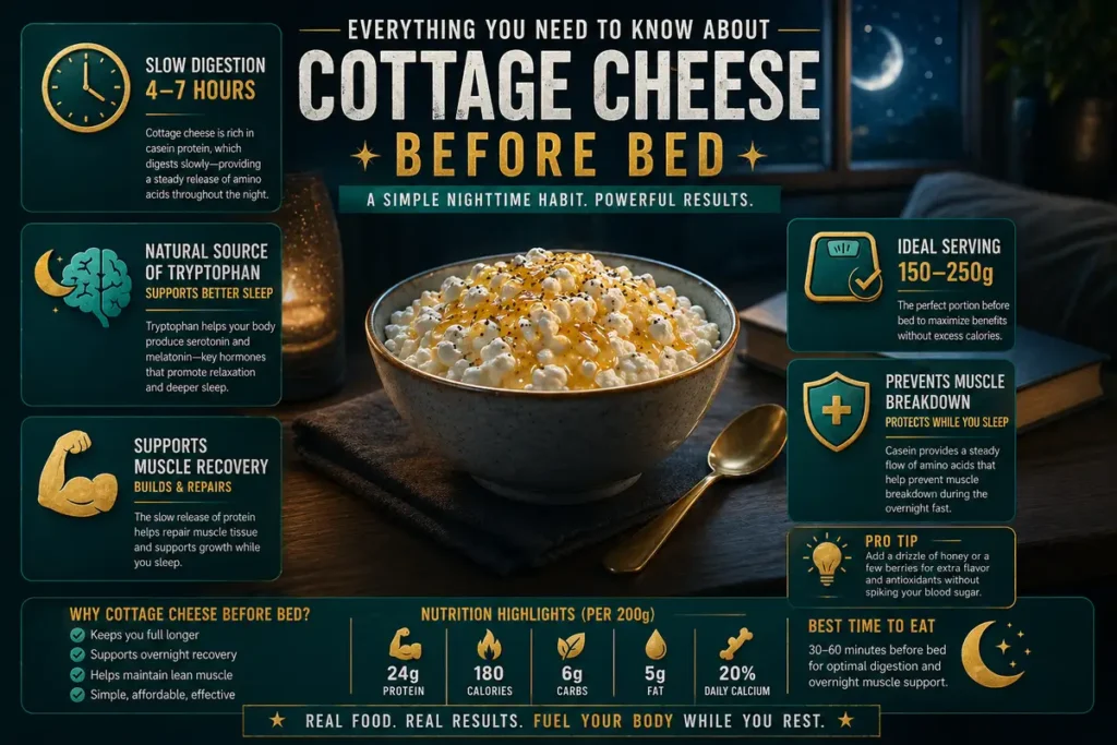 Infographic showing everything you need to know about eating cottage cheese before bed: casein content, digestion time, tryptophan for sleep, serving size, and muscle recovery benefits in a modern fitness design.