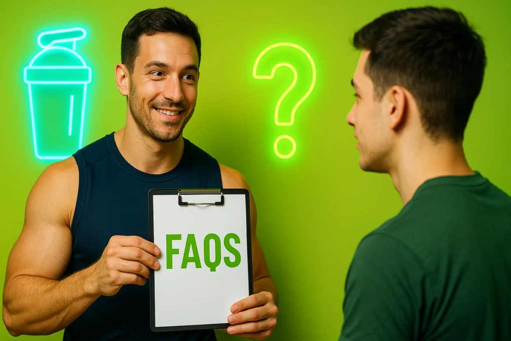Fitness trainer answering questions about mass gainer use at night.