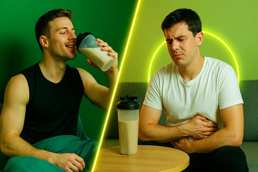 Two scenarios: enjoying a mass gainer shake vs feeling bloated after drinking it at night.