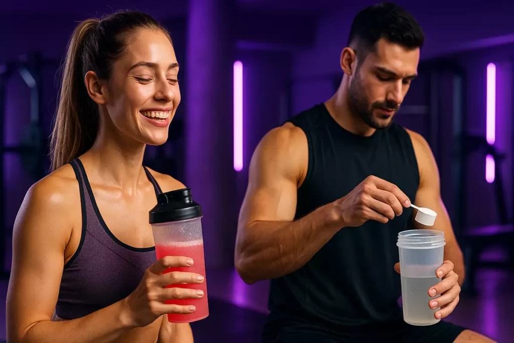 Woman drinking flavored BCAA and man mixing unflavored BCAA in gym with purple lighting