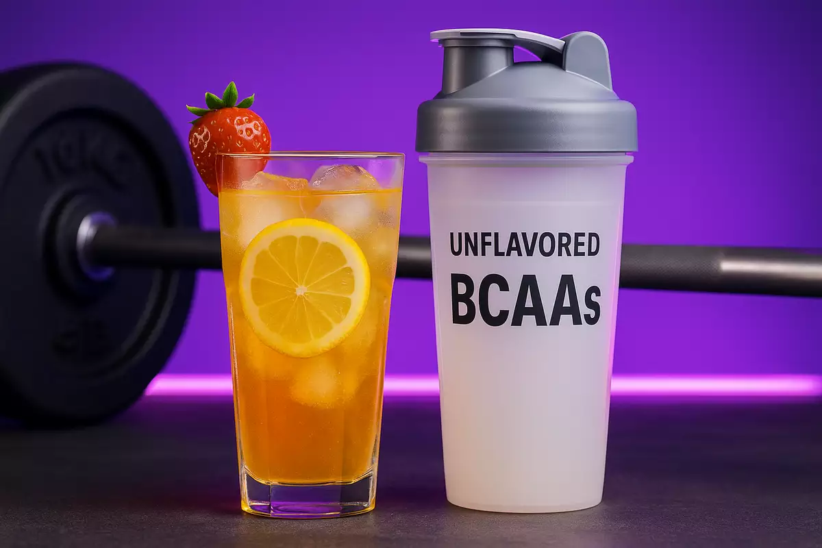 Split image of flavored and unflavored BCAA drinks in a gym setting