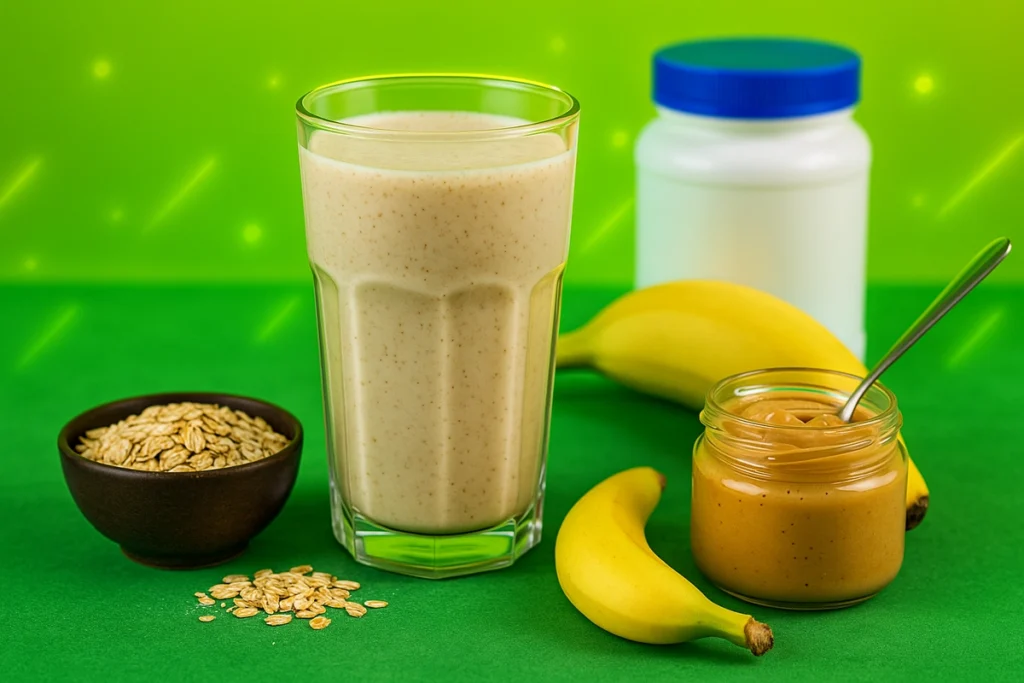 Homemade mass gainer shake made with oats, banana, and casein protein.
