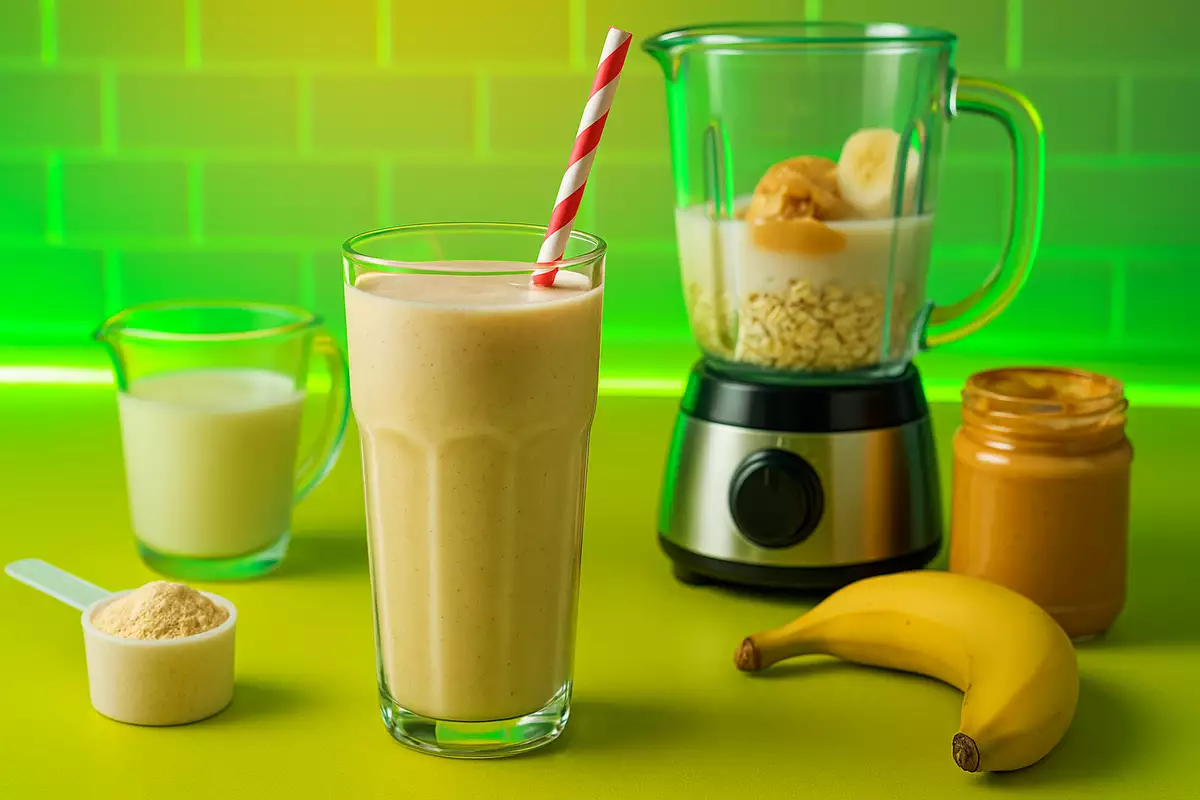 Homemade mass gainer shake with oats, peanut butter, protein powder, and milk for muscle building.