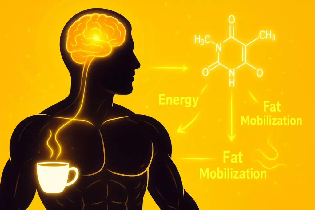 Caffeine effects on brain, muscles, and energy pathways in the body