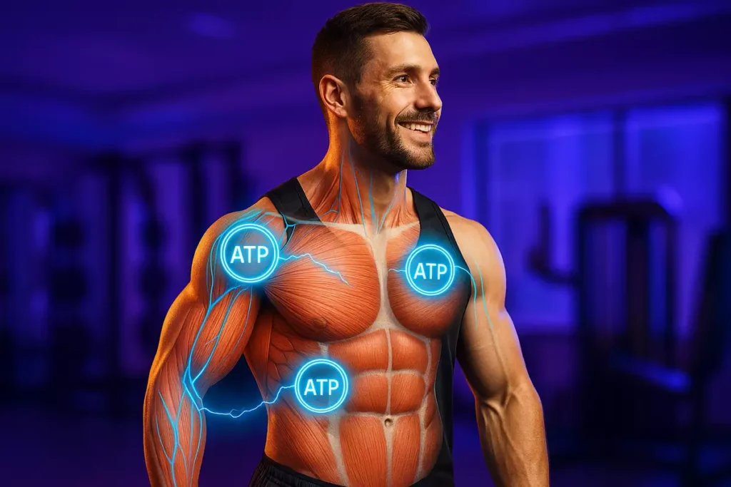 Visual of muscular system showing ATP energy process boosted by creatine