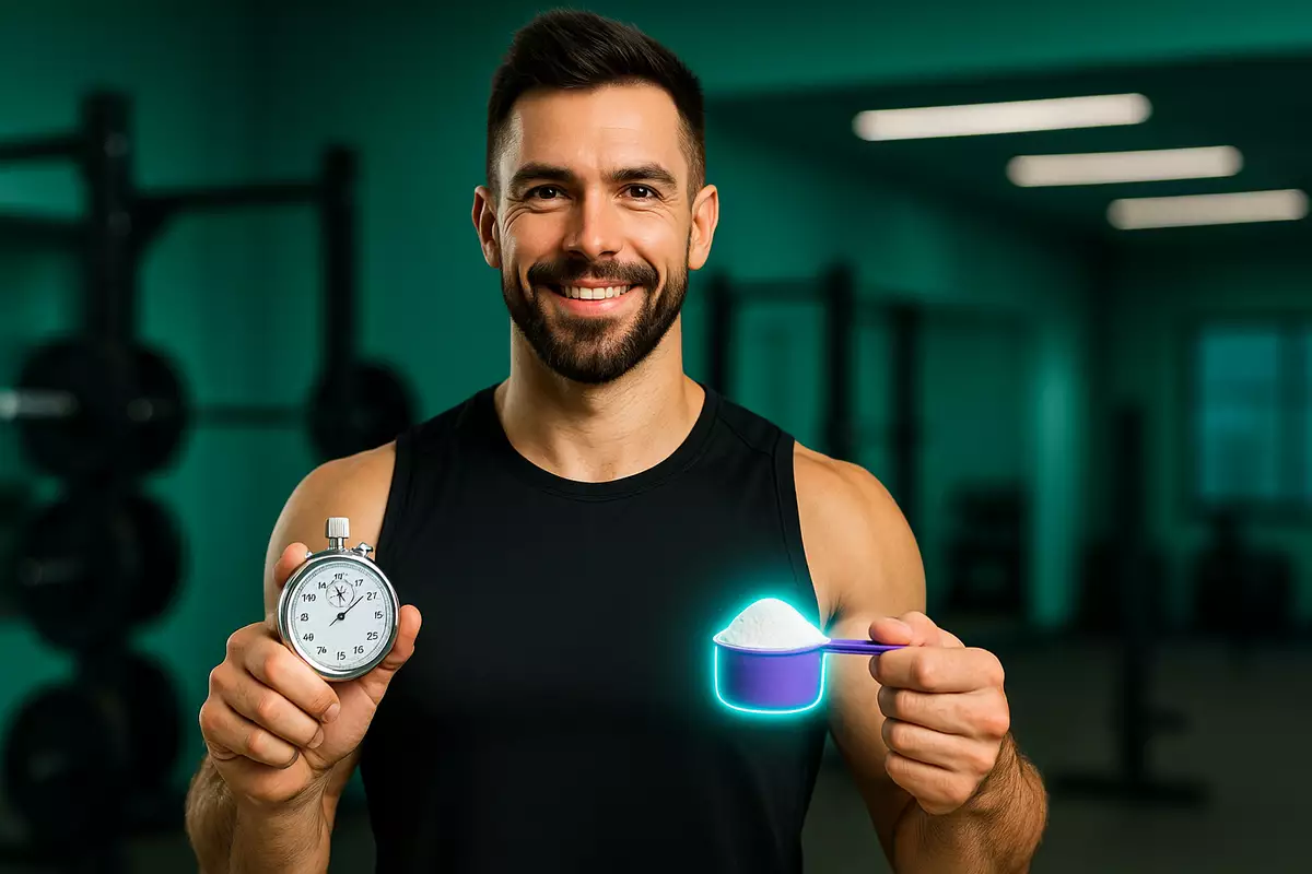 Fitness coach holding creatine scoop and stopwatch in gym, representing creatine results timeline