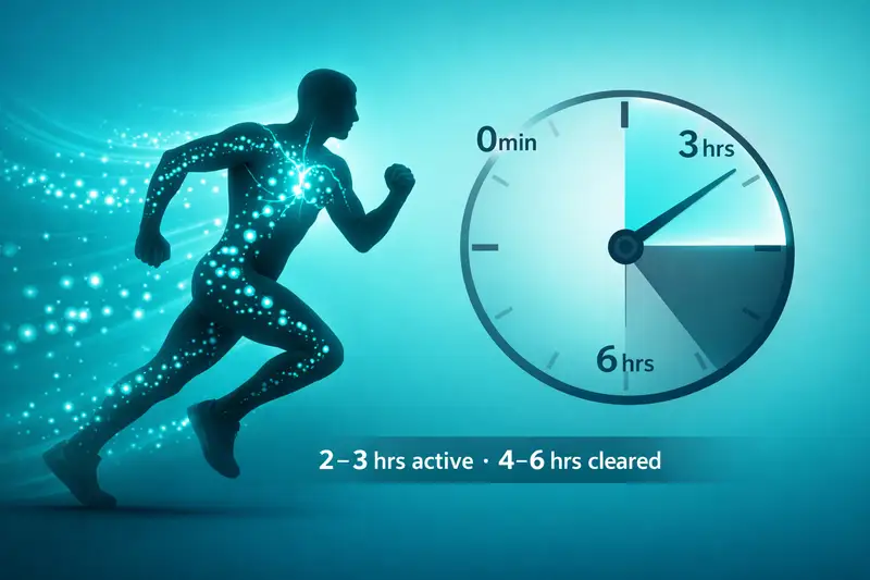 Infographic showing how long EAAs stay in your system — active in bloodstream for 2 to 3 hours, mostly cleared within 4 to 6 hours.