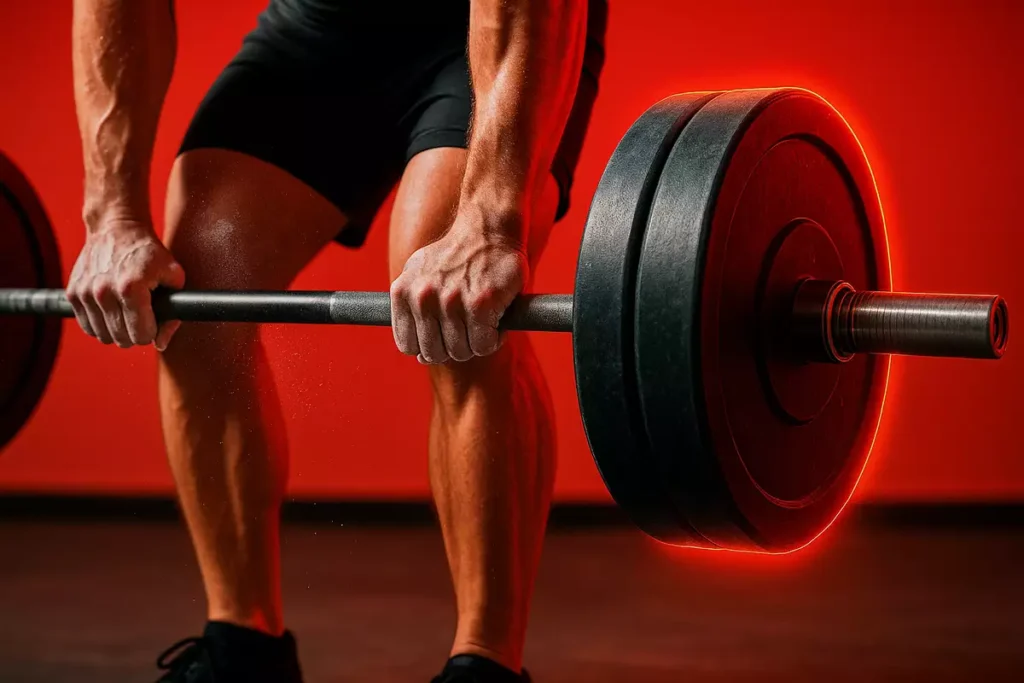 Barbell and chalked hands showing natural muscle growth without creatine