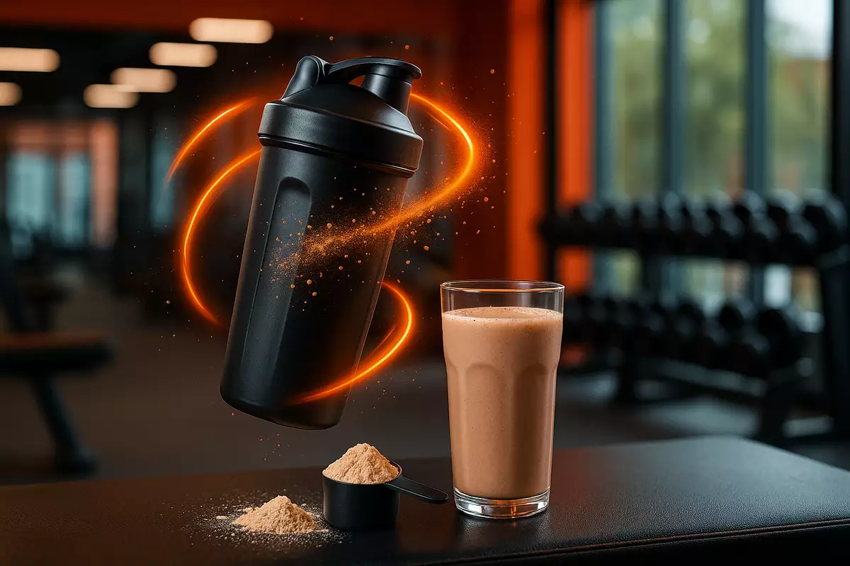 Smooth whey protein shake with shaker bottle in gym background