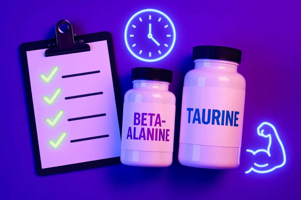 Checklist graphic with supplement bottles, timing clock, and muscle performance icons