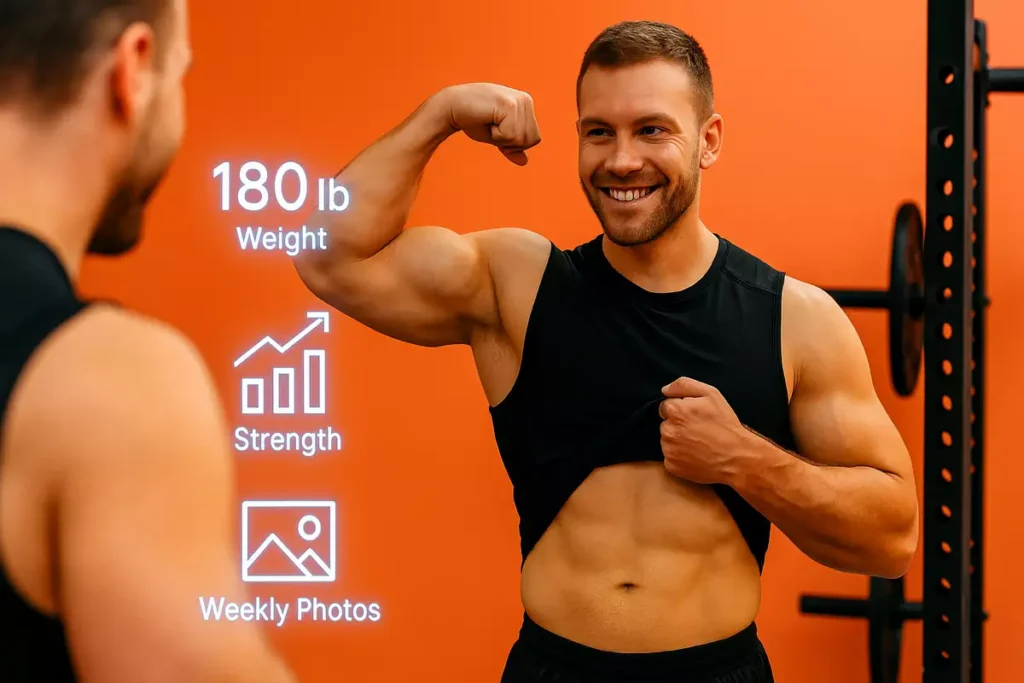 Man checking body transformation in mirror with tracked weight and progress stats
