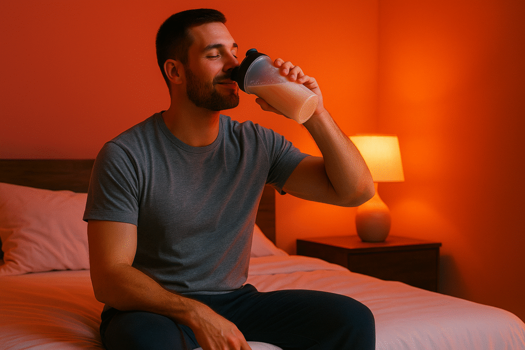 man in sleepwear drinking mass gainer shake before bed for overnight muscle growth