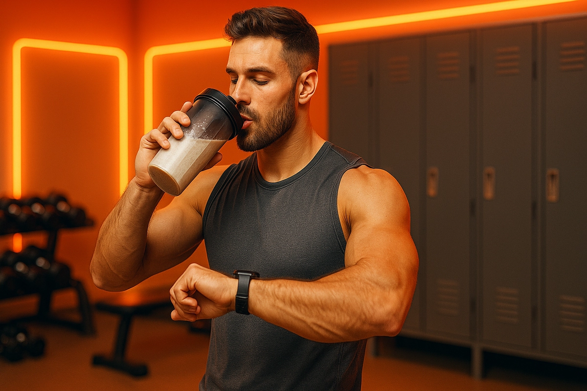 muscular man in gym holding shaker bottle and checking time for optimal mass gainer use