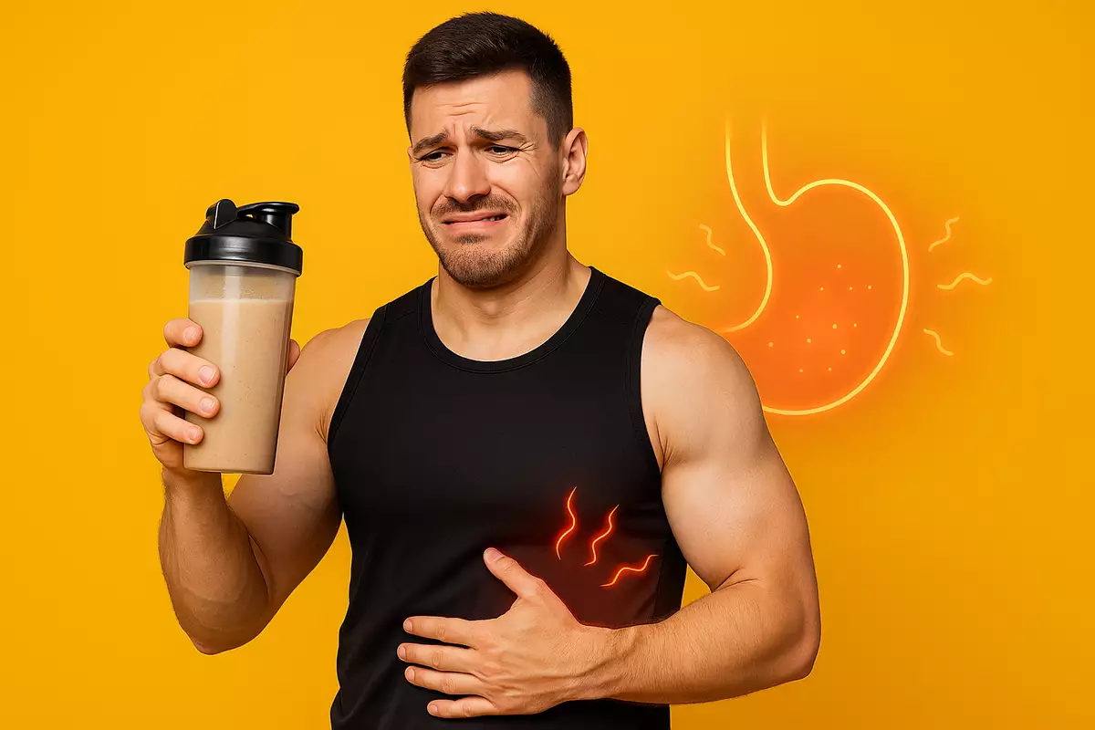 Athlete holding mass gainer shake with digestive discomfort in gym setting