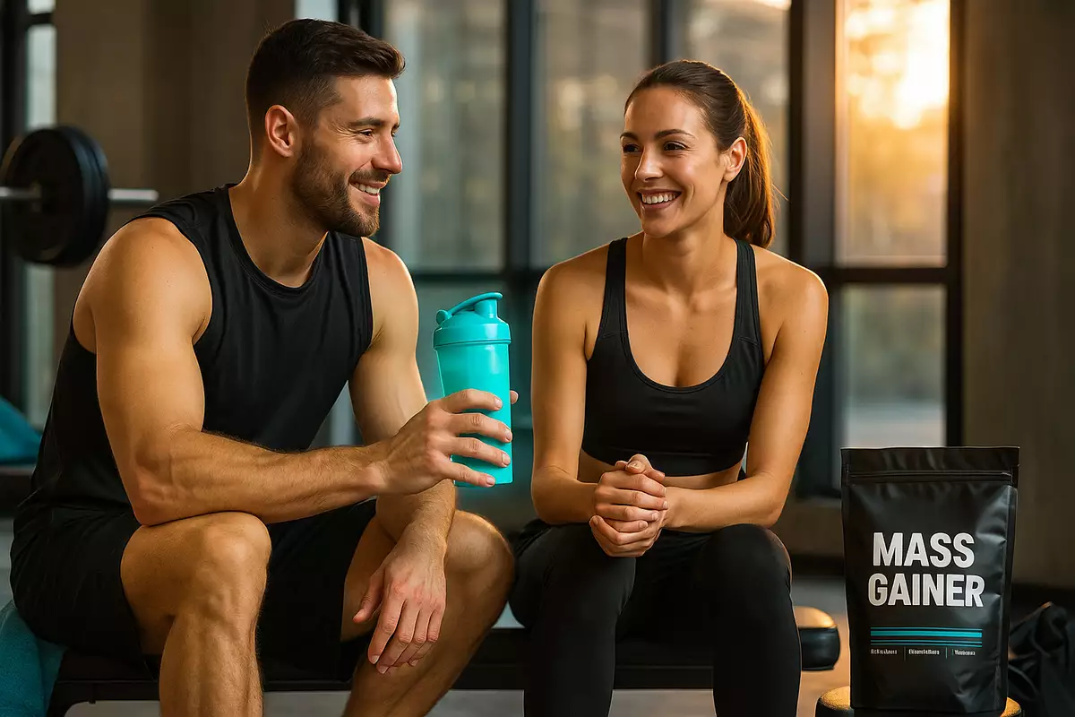Mass gainer supplement with athletes after workout in gym setting