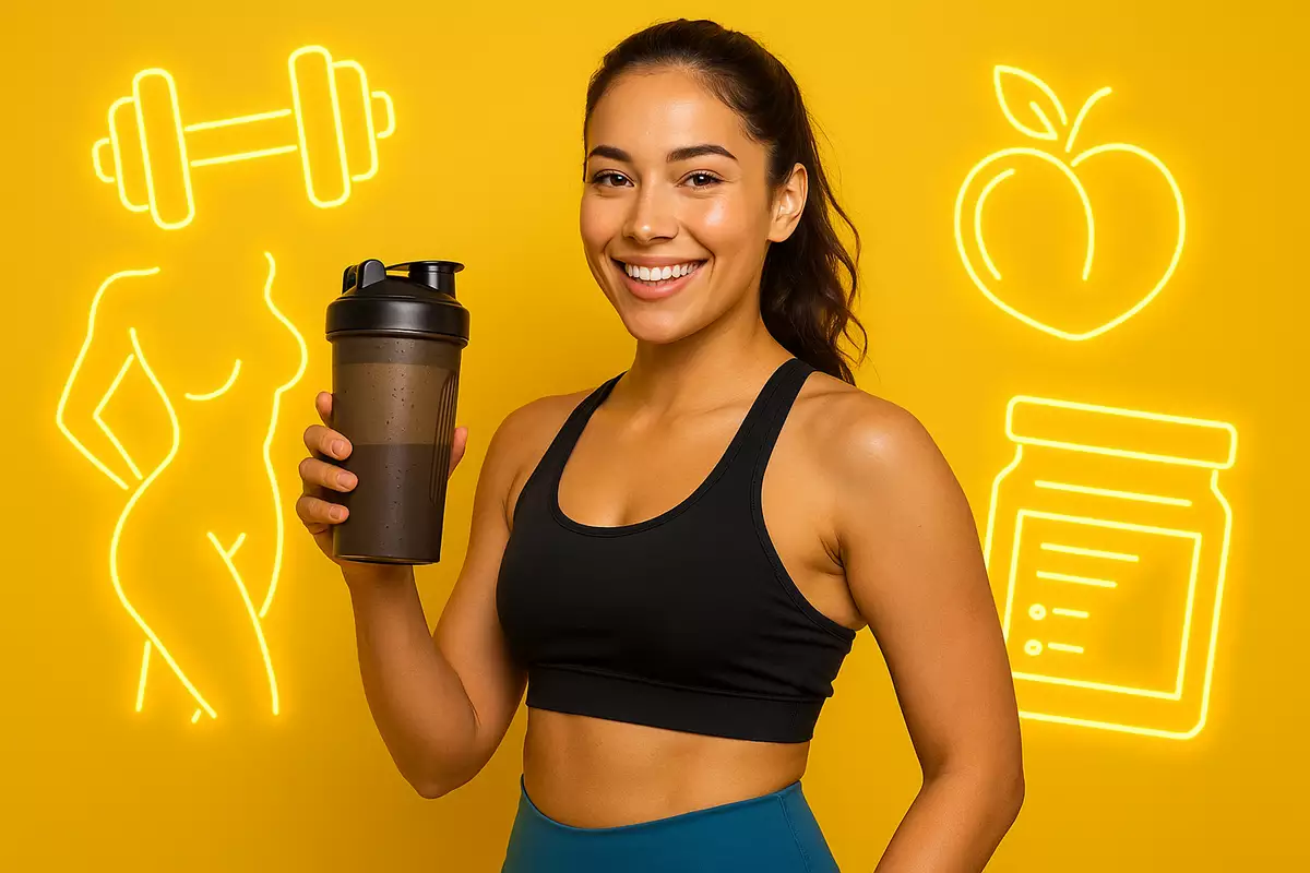 fit woman holding protein shaker to build curves with mass gainer