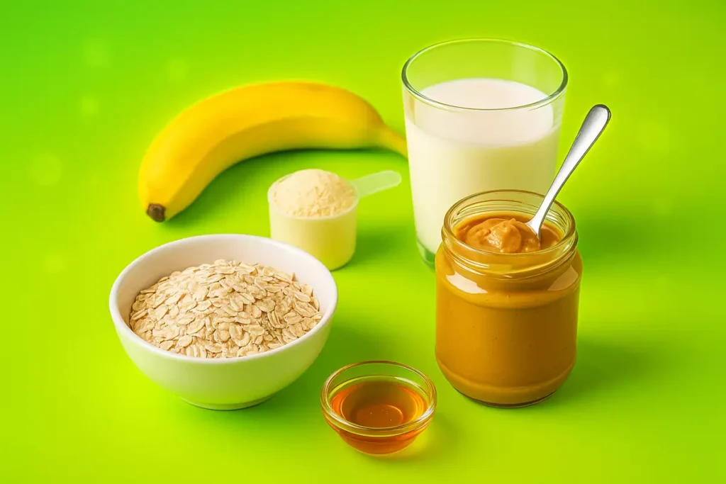 Ingredients for homemade mass gainer shake with oats, peanut butter, whey protein, banana, and milk