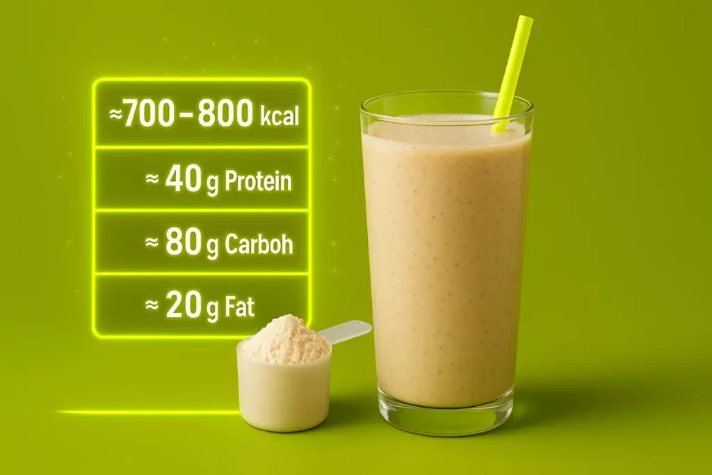Nutritional breakdown of homemade mass gainer shake with calories, protein, carbs, and fat