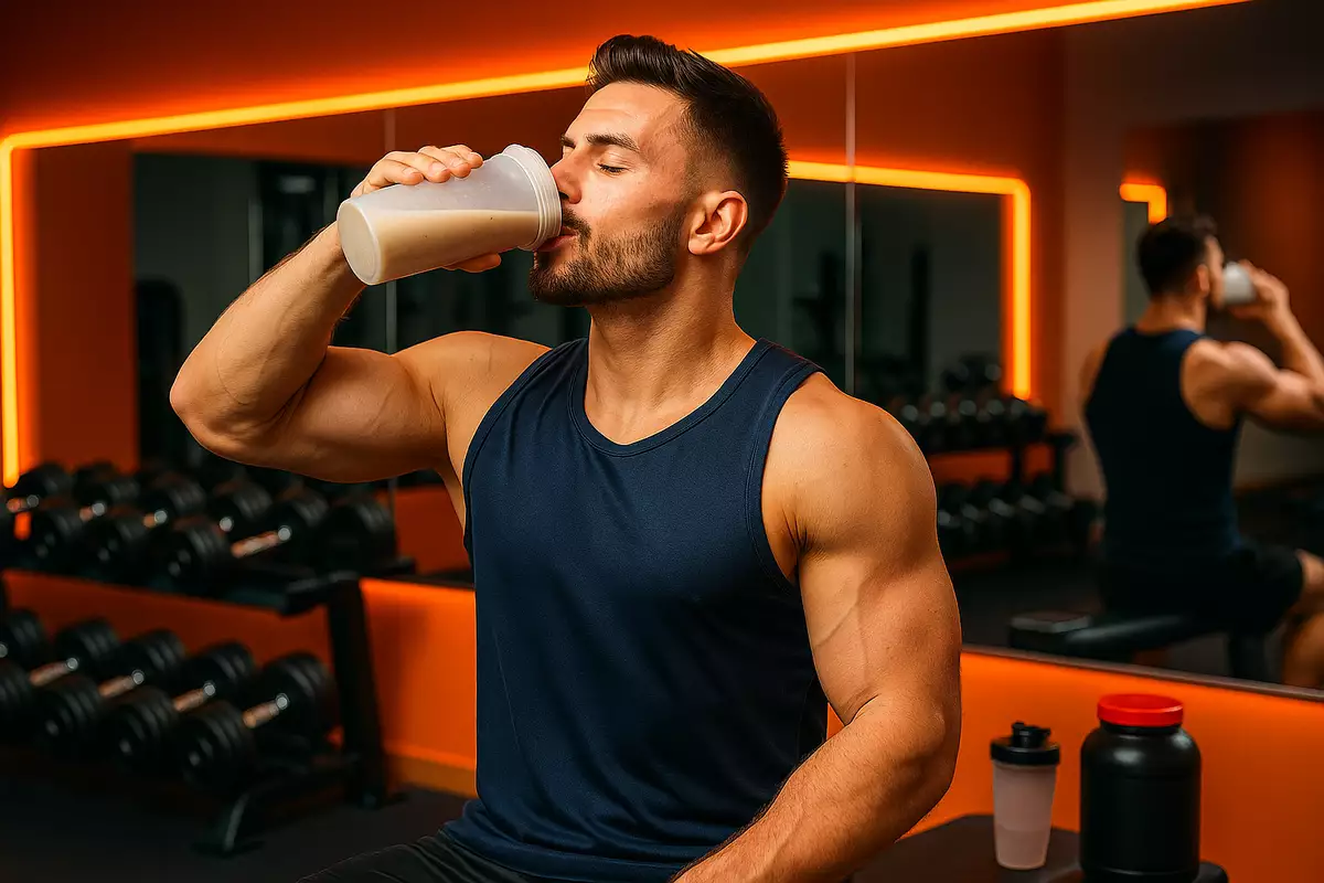 Athlete drinking mass gainer shake post-workout in gym for visible muscle gain results