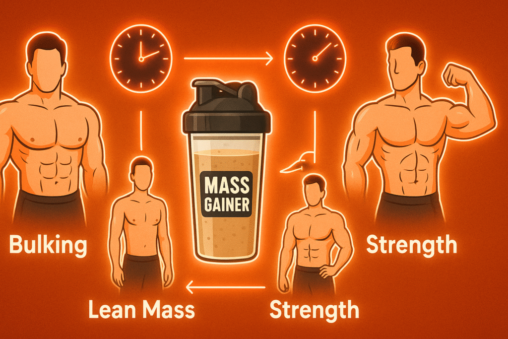 infographic showing bulking, lean mass, and strength timing for mass gainer use with shaker and clocks