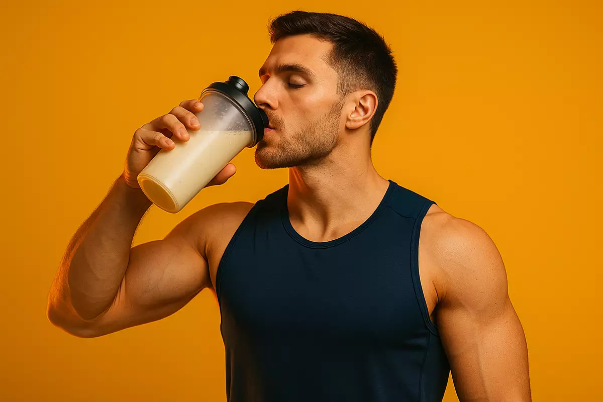 Athlete drinking micellar casein shake at night for overnight muscle recovery