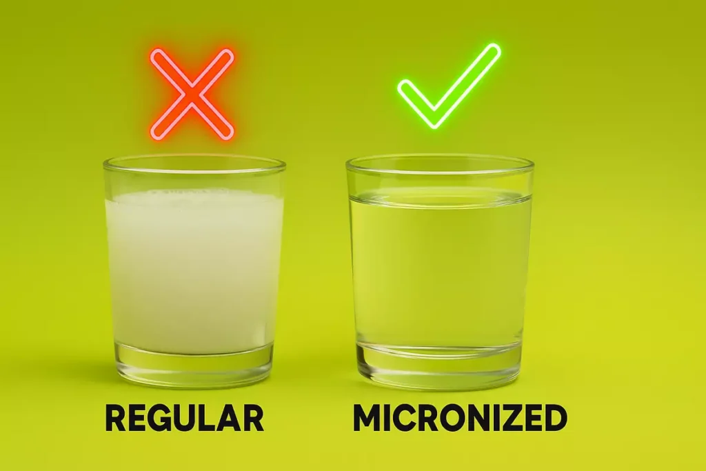 Side-by-side glass cups comparing regular and micronized creatine solubility