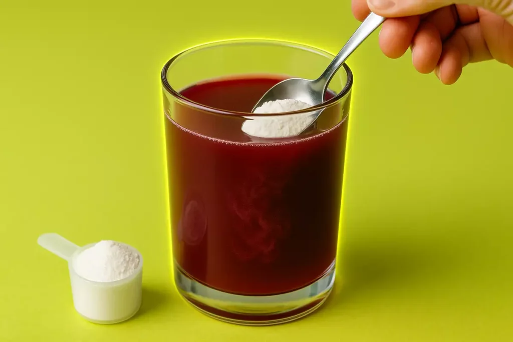 Mixing creatine powder into grape juice with spoon in a glass