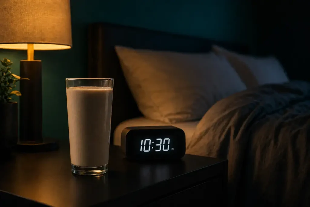 A glass of casein protein shake on a bedside table next to an alarm clock showing late evening time, representing a nighttime protein routine for muscle recovery during sleep.
