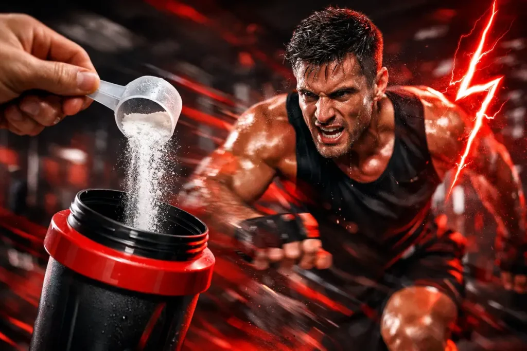 Athlete taking pre-workout supplement for energy and focus during intense gym training, pre-workout powder scoop in foreground