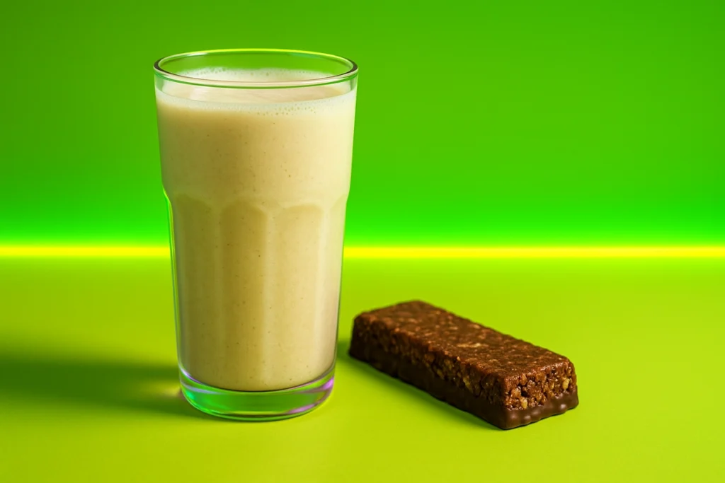 Homemade mass gainer shake and protein bar in a cozy nighttime setting.