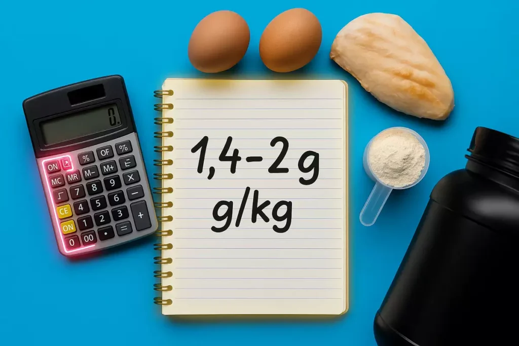 Notebook showing protein formula with whey, eggs, and chicken for calculating intake for 70 kg male
