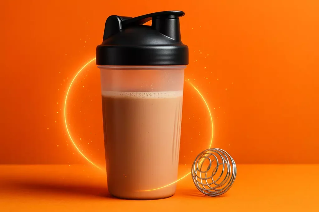 Shaker bottle with metal whisk ball and smooth protein shake