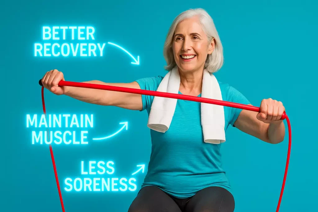 Older adult working out with resistance bands showing benefits of EAAs like recovery and strength