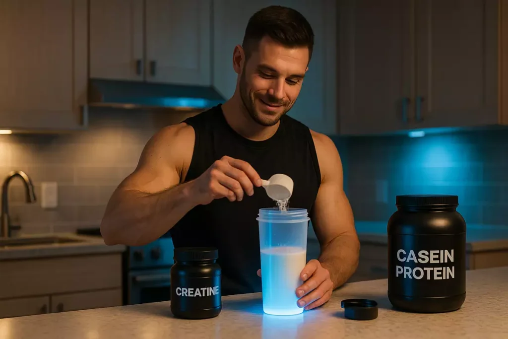 Real-life example image showing evening casein and creatine stack preparation in a home kitchen setting