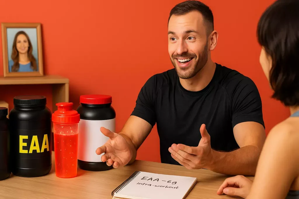 Fitness coach sharing EAA timing and dosage tips with supplement jars and notes on desk