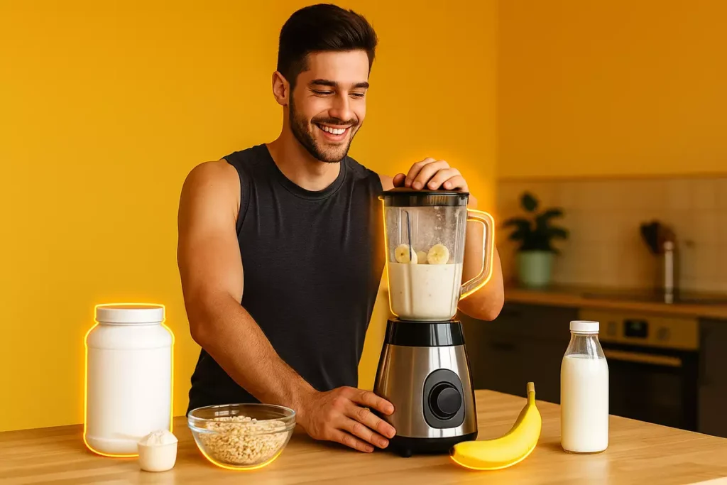 Athlete preparing a homemade mass gainer shake with digestion-friendly ingredients