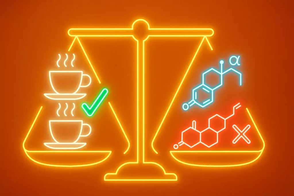 Scale balancing coffee intake and hormone levels with optimal dosage highlighted