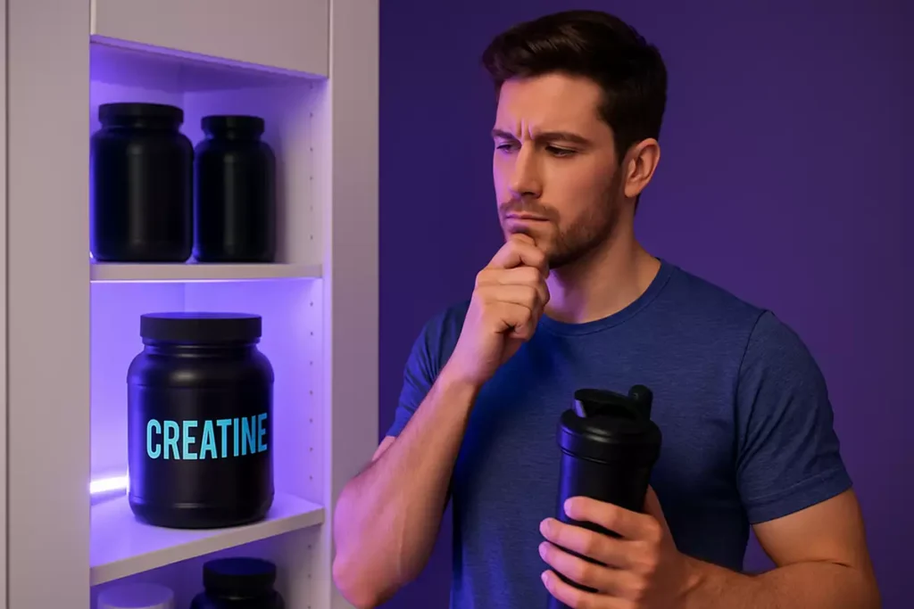 Athlete deciding to continue or pause creatine use with supplement jar in focus
