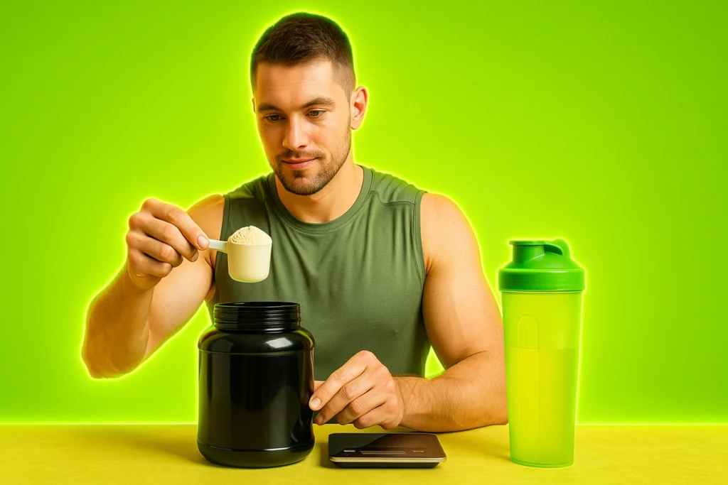 Person weighing out mass gainer powder, considering if it’s the right choice for nighttime use.