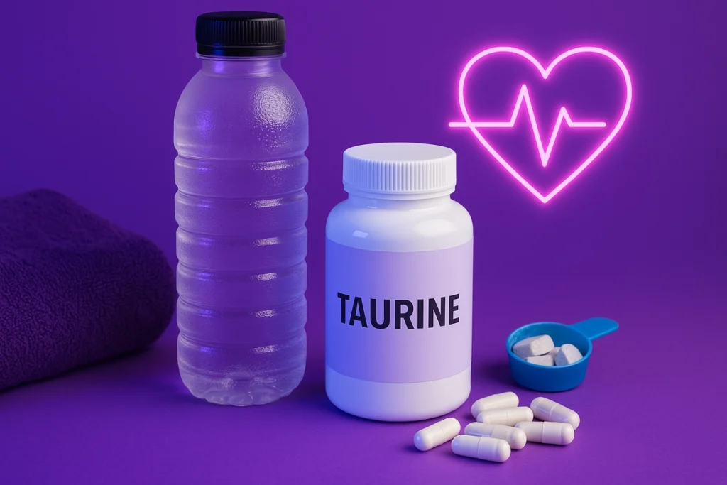 Taurine capsules with hydration and heart health icons for athletic recovery support
