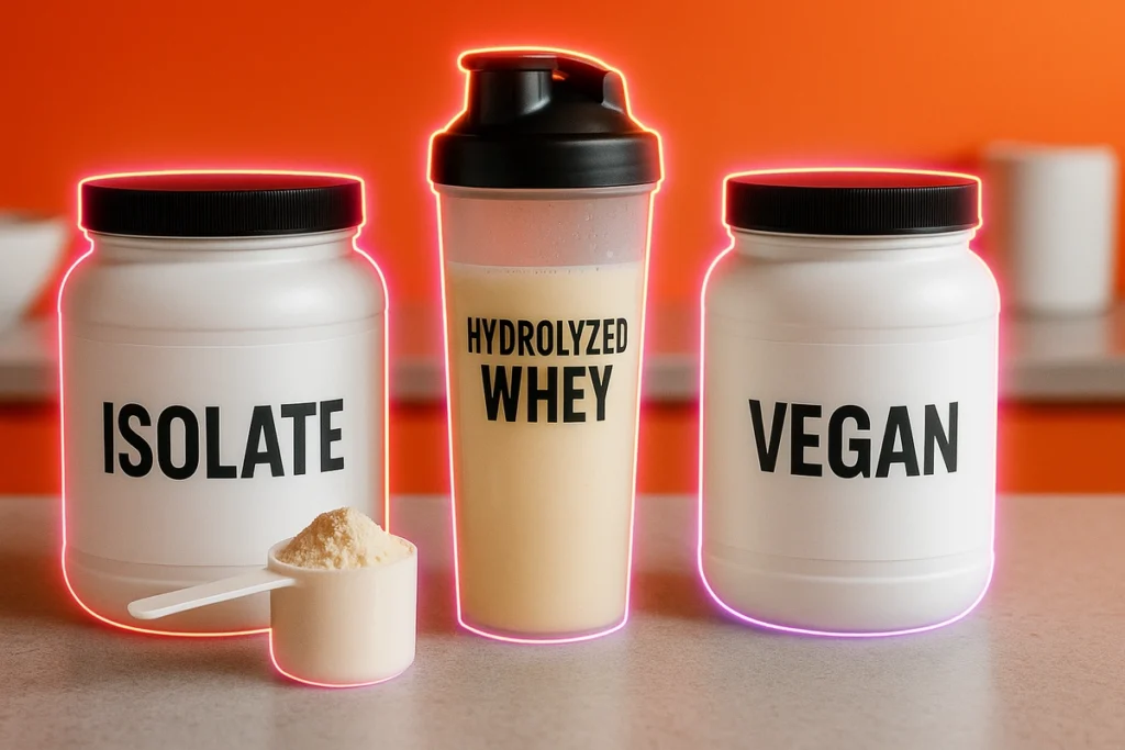 Isolate, hydrolyzed, and vegan protein powders laid out on a kitchen counter