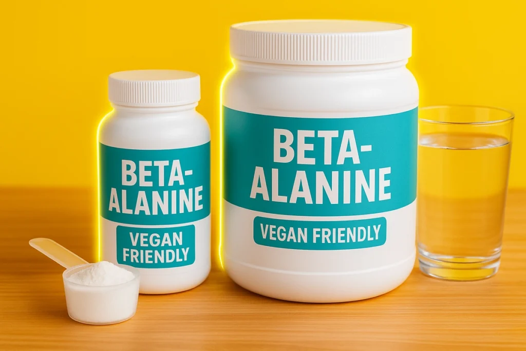 Vegan-friendly beta-alanine supplement containers with scoop on table
