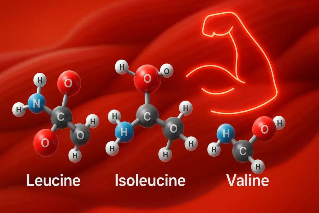 Visual of BCAA amino acids with muscle recovery theme