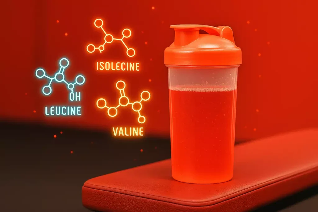 BCAA supplement drink with amino acid icons on gym bench background.