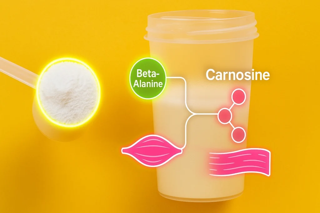 Scoop of beta-alanine powder beside carnosine infographic for muscle performance