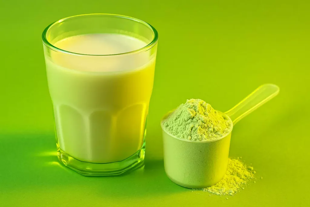 Casein protein powder mixing with milk showing slow digestion texture.