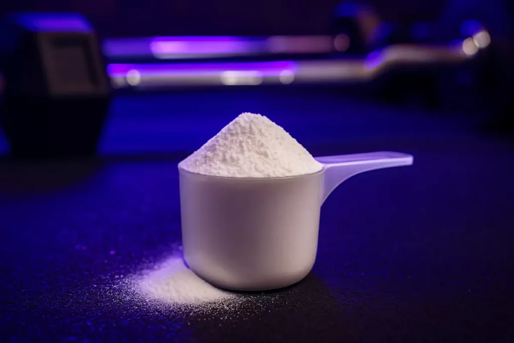 creatine powder scoop placed on gym bench near dumbbells