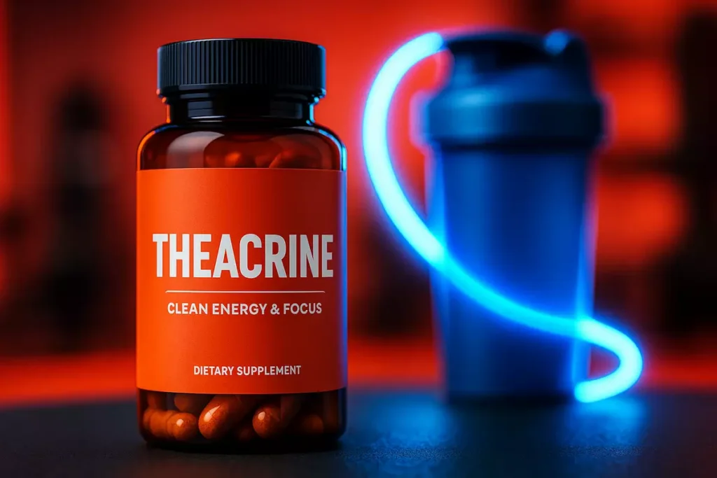 theacrine supplement bottle showing calm energy and focus support for workouts