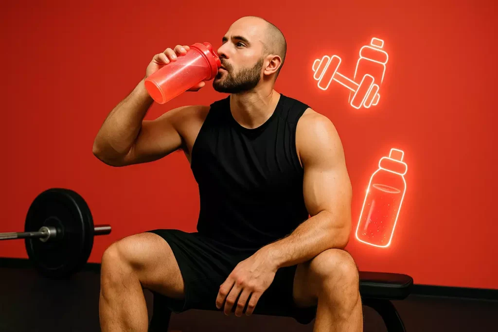 Athlete sipping BCAAs on treadmill during cutting phase for muscle recovery.