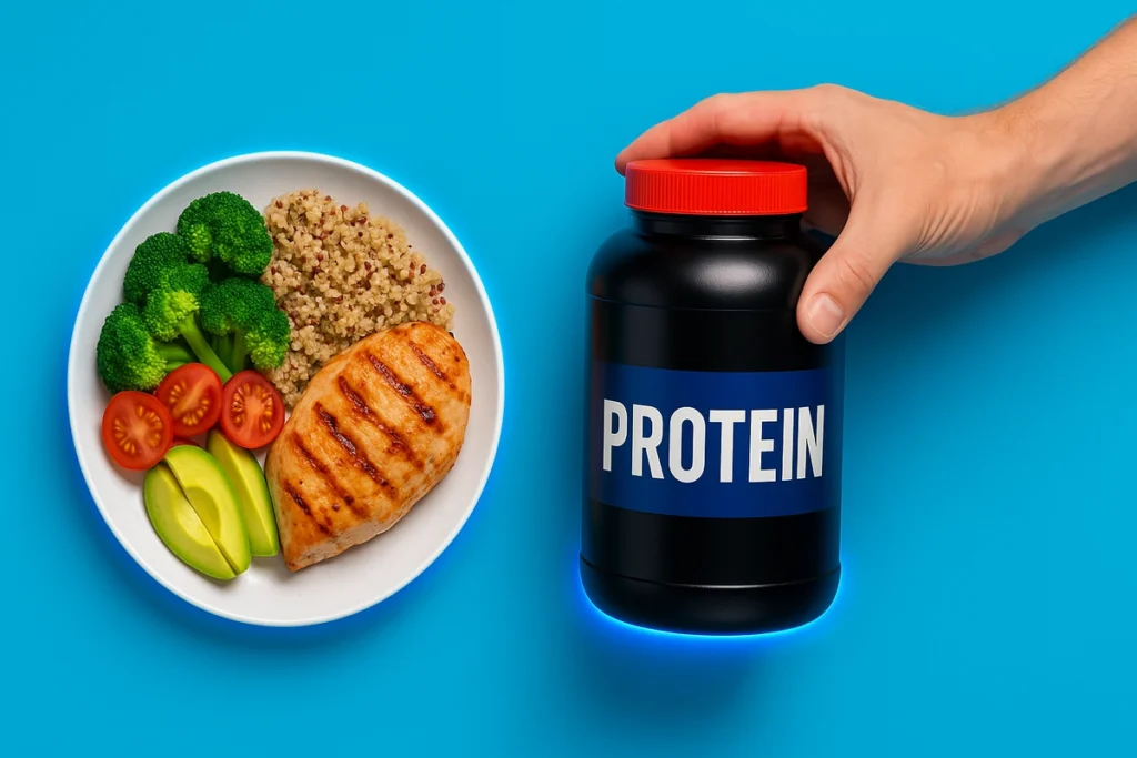 Balancing whey protein supplement next to real whole food meal
